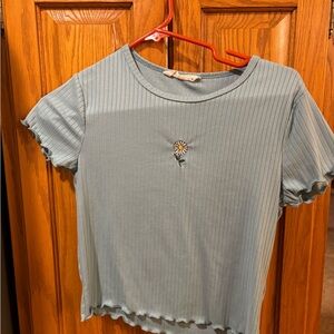 Daisy Embroidered Lettuce Hem Slightly Cropped Blue Tee